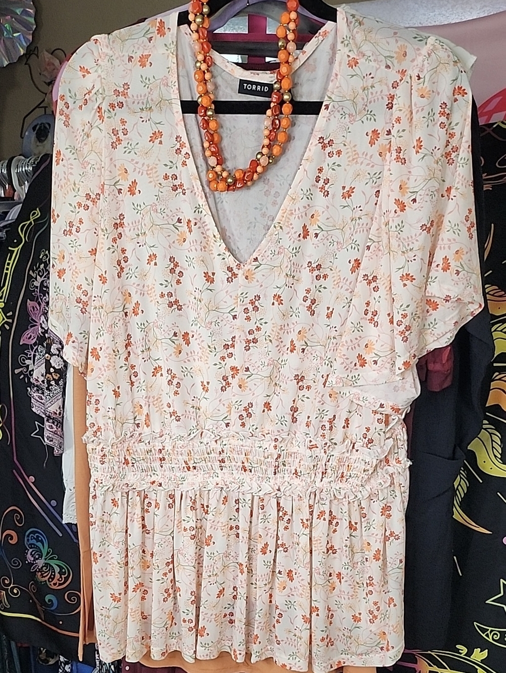 Torrid Cream Floral V-Neck Smocked Waist Blouse 24ptp